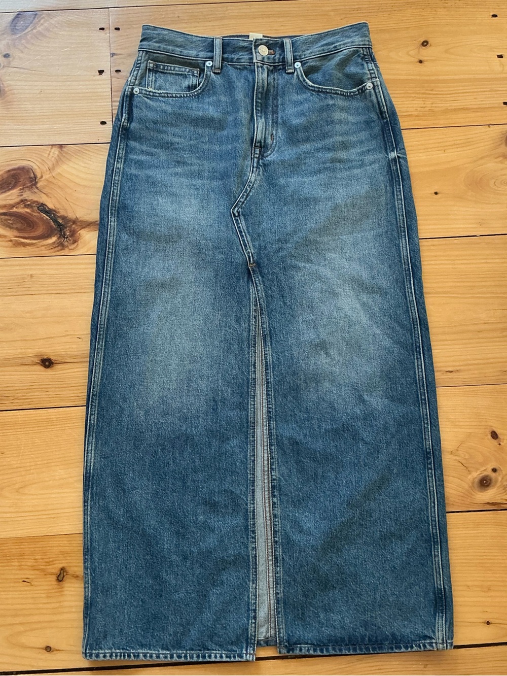 Madewell High Rise Denim Midi Pencil Skirt Center Front Slit Size 24